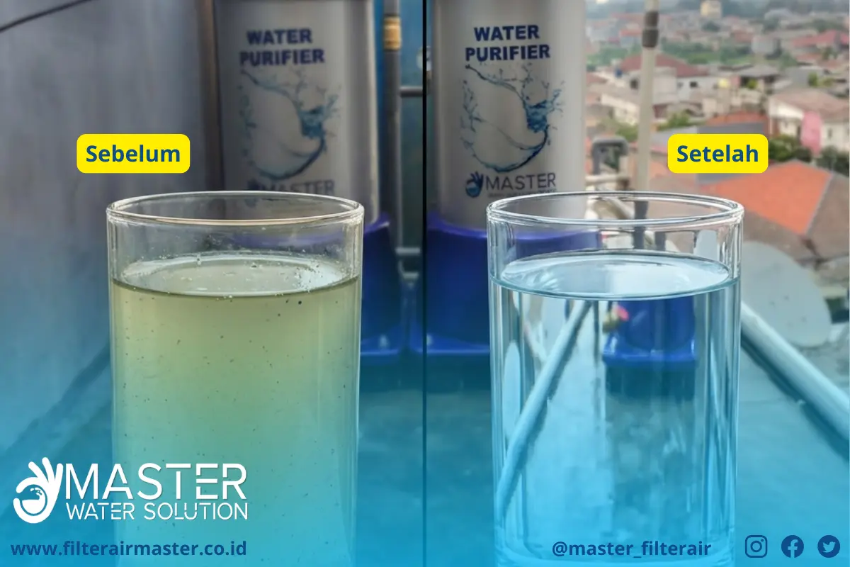 perbandingan air sumur bor sebelum dan sesudah menggunakan filter air menjadi jernih