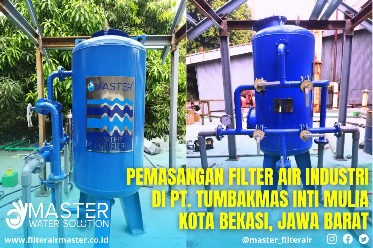 Ilustrasi sistem filter air industri untuk pabrik dan gudang dengan tabung filtrasi dan flow meter