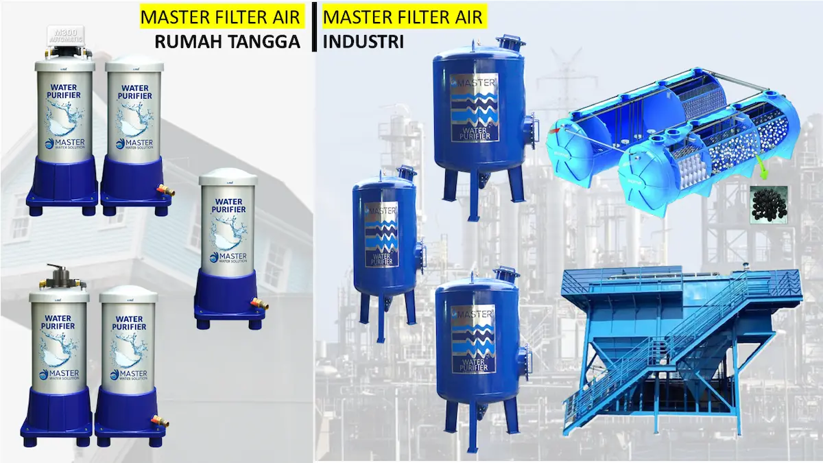 Ilustrasi berbagai jenis filter air dan media penyaring untuk rumah tangga dan industri